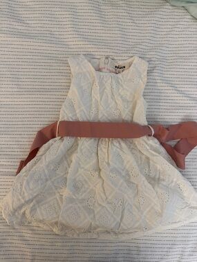 Boden Cream Eyelet Dress with Dusty Pink Sash - Kids